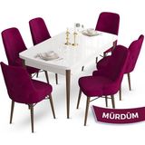 Canisa Concept Ahu Serisi 80x132 cm Açılabilir Beyaz Masa Ceviz Ayak 6 Sandalye Mürdüm Mutfak Masa Takımı
