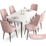 Canisa Concept Ahu Serisi 80x132 cm Açılabilir Beyaz Masa Ceviz Ayak 6 Sandalye Pembe Mutfak Masa Takımı