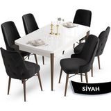 Canisa Concept Ahu Serisi 80x132 cm Açılabilir Beyaz Masa Ceviz Ayak 6 Sandalye Siyah Mutfak Masa Takımı
