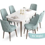 Canisa Concept Ahu Serisi 80x132 cm Açılabilir Beyaz Masa Ceviz Ayak 6 Sandalye Su Yeşili Mutfak Masa Takımı