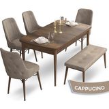 Canisa Concept Ahu Serisi 80x132 cm Açılabilir Masa Barok Ahşap Desen 4 Sandalye 1 Bench Cappuccino Mutfak Masa Takımı