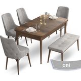 Canisa Concept Ahu Serisi 80x132 cm Açılabilir Masa Barok Ahşap Desen 4 Sandalye 1 Bench Gri Mutfak Masa Takımı
