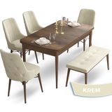 Canisa Concept Ahu Serisi 80x132 cm Açılabilir Masa Barok Ahşap Desen 4 Sandalye 1 Bench Krem Mutfak Masa Takımı