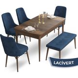 Canisa Concept Ahu Serisi 80x132 cm Açılabilir Masa Barok Ahşap Desen 4 Sandalye 1 Bench Lacivert Mutfak Masa Takımı