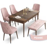 Canisa Concept Ahu Serisi 80x132 cm Açılabilir Masa Barok Ahşap Desen 4 Sandalye 1 Bench Pembe Mutfak Masa Takımı
