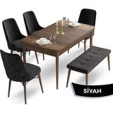 Canisa Concept Ahu Serisi 80x132 cm Açılabilir Masa Barok Ahşap Desen 4 Sandalye 1 Bench Siyah Mutfak Masa Takımı
