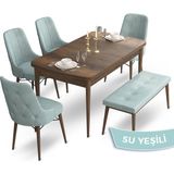 Canisa Concept Ahu Serisi 80x132 cm Açılabilir Masa Barok Ahşap Desen 4 Sandalye 1 Bench Su Yeşili Mutfak Masa Takımı