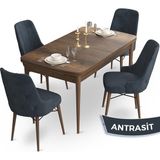 Canisa Concept Ahu Serisi 80x132 cm Açılabilir Masa Barok Ahşap Desen 4 Sandalye Antrasit Mutfak Masa Takımı
