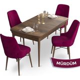 Canisa Concept Ahu Serisi 80x132 cm Açılabilir Masa Barok Ahşap Desen 4 Sandalye Mürdüm Mutfak Masa Takımı
