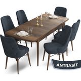Canisa Concept Ahu Serisi 80x132 cm Açılabilir Masa Barok Ahşap Desen 6 Sandalye Antrasit Mutfak Masa Takımı