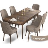 Canisa Concept Ahu Serisi 80x132 cm Açılabilir Masa Barok Ahşap Desen 6 Sandalye Cappucino Mutfak Masa Takımı