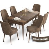 Canisa Concept Ahu Serisi 80x132 cm Açılabilir Masa Barok Ahşap Desen 6 Sandalye Kahverengi Mutfak Masa Takımı
