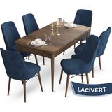 Canisa Concept Ahu Serisi 80x132 cm Açılabilir Masa Barok Ahşap Desen 6 Sandalye Lacivert Mutfak Masa Takımı