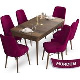 Canisa Concept Ahu Serisi 80x132 cm Açılabilir Masa Barok Ahşap Desen 6 Sandalye Mürdüm Mutfak Masa Takımı