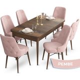 Canisa Concept Ahu Serisi 80x132 cm Açılabilir Masa Barok Ahşap Desen 6 Sandalye Pembe Mutfak Masa Takımı