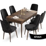 Canisa Concept Ahu Serisi 80x132 cm Açılabilir Masa Barok Ahşap Desen 6 Sandalye Siyah Mutfak Masa Takımı