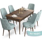 Canisa Concept Ahu Serisi 80x132 cm Açılabilir Masa Barok Ahşap Desen 6 Sandalye Su Yeşili Mutfak Masa Takımı