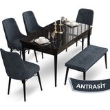 Canisa Concept Ahu Serisi 80x132 cm Açılabilir Siyah Mermer Desen 4 Sandalye 1 Bench Antrasit Mutfak Masa Takımı