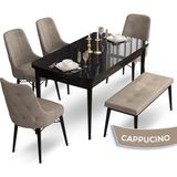 Canisa Concept Ahu Serisi 80x132 cm Açılabilir Siyah Mermer Desen 4 Sandalye 1 Bench Cappuccino Mutfak Masa Takımı