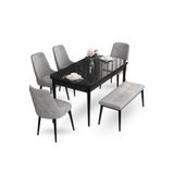 Canisa Concept Ahu Serisi 80x132 cm Açılabilir Siyah Mermer Desen 4 Sandalye 1 Bench Gri Mutfak Masa Takımı