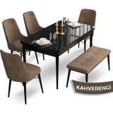 Canisa Concept Ahu Serisi 80x132 cm Açılabilir Siyah Mermer Desen 4 Sandalye 1 Bench Kahverengi Mutfak Masa Takımı
