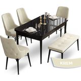 Canisa Concept Ahu Serisi 80x132 cm Açılabilir Siyah Mermer Desen 4 Sandalye 1 Bench Krem Mutfak Masa Takımı
