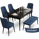 Canisa Concept Ahu Serisi 80x132 cm Açılabilir Siyah Mermer Desen 4 Sandalye 1 Bench Lacivert Mutfak Masa Takımı