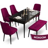 Canisa Concept Ahu Serisi 80x132 cm Açılabilir Siyah Mermer Desen 4 Sandalye 1 Bench Mürdüm Mutfak Masa Takımı