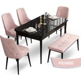 Canisa Concept Ahu Serisi 80x132 cm Açılabilir Siyah Mermer Desen 4 Sandalye 1 Bench Pembe Mutfak Masa Takımı