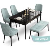 Canisa Concept Ahu Serisi 80x132 cm Açılabilir Siyah Mermer Desen 4 Sandalye 1 Bench Su Yeşili Mutfak Masa Takımı