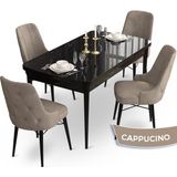 Canisa Concept Ahu Serisi 80x132 cm Açılabilir Siyah Mermer Desen 4 Sandalye Cappuccino Mutfak Masa Takımı