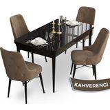 Canisa Concept Ahu Serisi 80x132 cm Açılabilir Siyah Mermer Desen 4 Sandalye Kahverengi Mutfak Masa Takımı