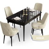 Canisa Concept Ahu Serisi 80x132 cm Açılabilir Siyah Mermer Desen 4 Sandalye Krem Mutfak Masa Takımı