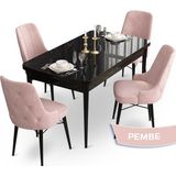 Canisa Concept Ahu Serisi 80x132 cm Açılabilir Siyah Mermer Desen 4 Sandalye Pembe Mutfak Masa Takımı