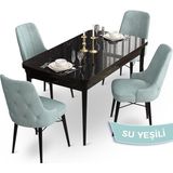 Canisa Concept Ahu Serisi 80x132 cm Açılabilir Siyah Mermer Desen 4 Sandalye Su Yeşili Mutfak Masa Takımı