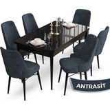 Canisa Concept Ahu Serisi 80x132 cm Açılabilir Siyah Mermer Desen 6 Sandalye Antrasit Mutfak Masa Takımı
