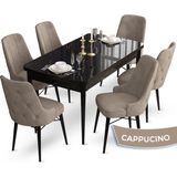Canisa Concept Ahu Serisi 80x132 cm Açılabilir Siyah Mermer Desen 6 Sandalye Cappuccino Mutfak Masa Takımı