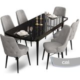 Canisa Concept Ahu Serisi 80x132 cm Açılabilir Siyah Mermer Desen 6 Sandalye Gri Mutfak Masa Takımı