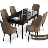 Canisa Concept Ahu Serisi 80x132 cm Açılabilir Siyah Mermer Desen 6 Sandalye Kahverengi Mutfak Masa Takımı