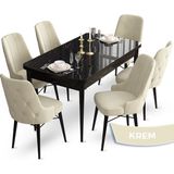 Canisa Concept Ahu Serisi 80x132 cm Açılabilir Siyah Mermer Desen 6 Sandalye Krem Mutfak Masa Takımı