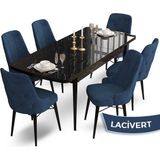 Canisa Concept Ahu Serisi 80x132 cm Açılabilir Siyah Mermer Desen 6 Sandalye Lacivert Mutfak Masa Takımı