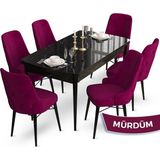 Canisa Concept Ahu Serisi 80x132 cm Açılabilir Siyah Mermer Desen 6 Sandalye Mürdüm Mutfak Masa Takımı