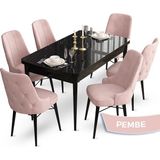 Canisa Concept Ahu Serisi 80x132 cm Açılabilir Siyah Mermer Desen 6 Sandalye Pembe Mutfak Masa Takımı