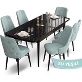 Canisa Concept Ahu Serisi 80x132 cm Açılabilir Siyah Mermer Desen 6 Sandalye Su Yeşili Mutfak Masa Takımı