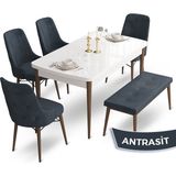 Canisa Concept Ahu Serisi 80x132 cm Beyaz Masa Ceviz Ayak 4 Sandalye 1 Bench Antrasit Mutfak Masa Takımı