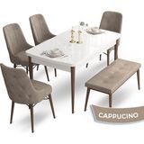 Canisa Concept Ahu Serisi 80x132 cm Beyaz Masa Ceviz Ayak 4 Sandalye 1 Bench Cappuccino Mutfak Masa Takımı