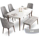 Canisa Concept Ahu Serisi 80x132 cm Beyaz Masa Ceviz Ayak 4 Sandalye 1 Bench Gri Mutfak Masa Takımı