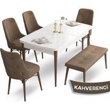 Canisa Concept Ahu Serisi 80x132 cm Beyaz Masa Ceviz Ayak 4 Sandalye 1 Bench Kahverengi Mutfak Masa Takımı