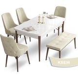 Canisa Concept Ahu Serisi 80x132 cm Beyaz Masa Ceviz Ayak 4 Sandalye 1 Bench Krem Mutfak Masa Takımı