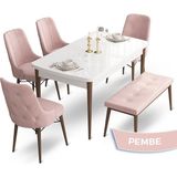Canisa Concept Ahu Serisi 80x132 cm Beyaz Masa Ceviz Ayak 4 Sandalye 1 Bench Pembe Mutfak Masa Takımı